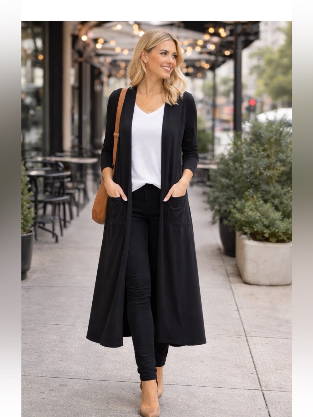 Brigitte Brianna Long Cardigan Duster Womens S Black Open Front w top